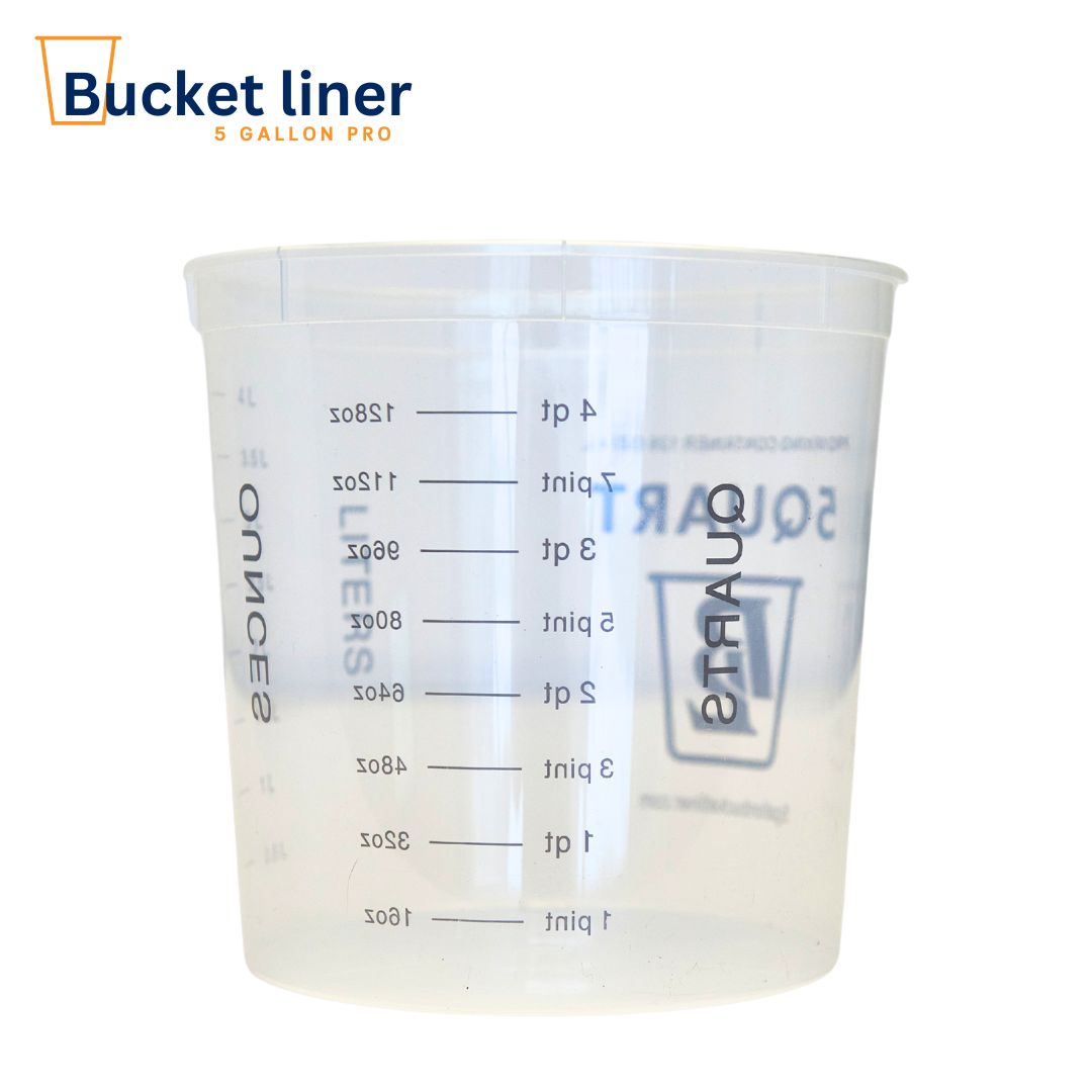 Clear measuring cup with volume markings on a white background, featuring 'Bucket liner' branding.