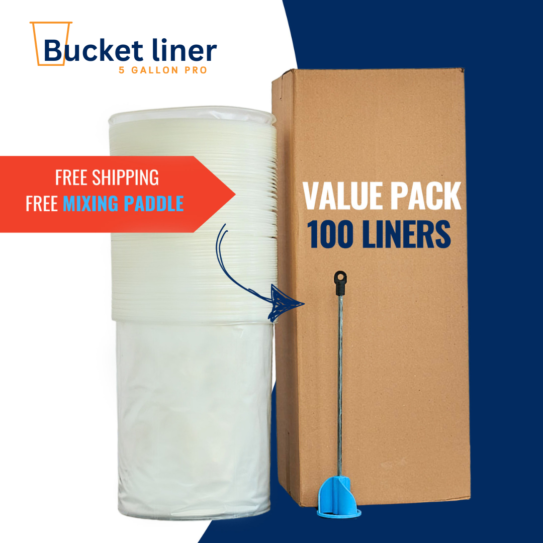 5 Gallon Bucket liner with mixing paddle and cardboard box labeled 'Contractor value pack' on a blue background.